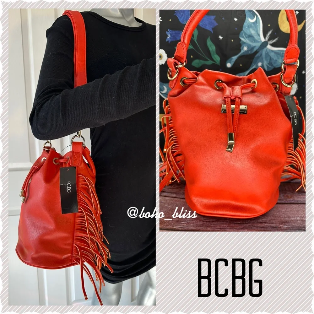 BCBG | Fringe Drawstring Bucket Bag Red NWT